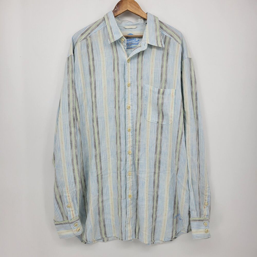 Tommy Bahama Linen Button Down Longsleeve XLT Men Striped Blue Vacation Tropical